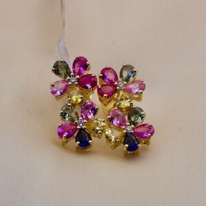 Gold 925 Silver Floral Cluster Earrings | 3.42 CT Lab Sapphire + 0.06 CT Diamond